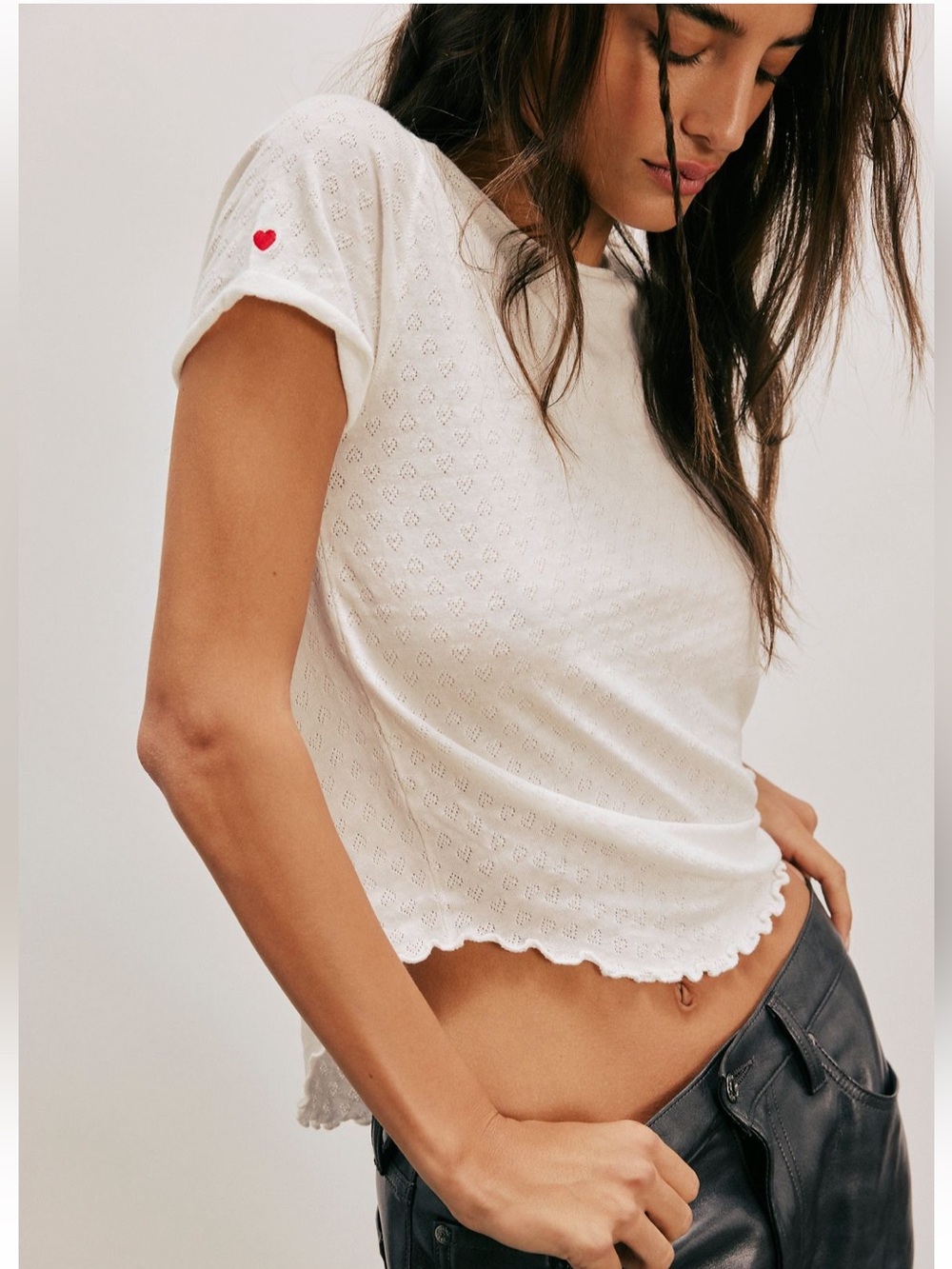 NWT Free People We The Free Be My Baby Pointelle Heart Short Sleeve Tee Size Med